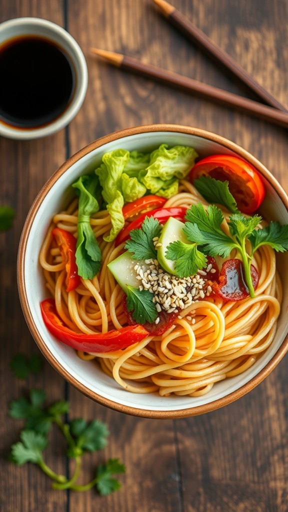Delicious Noodle Dishes for Instagram Captions A colorful bowl of noodles with vegetables and herbs, styled for Instagram, on a wooden table.
